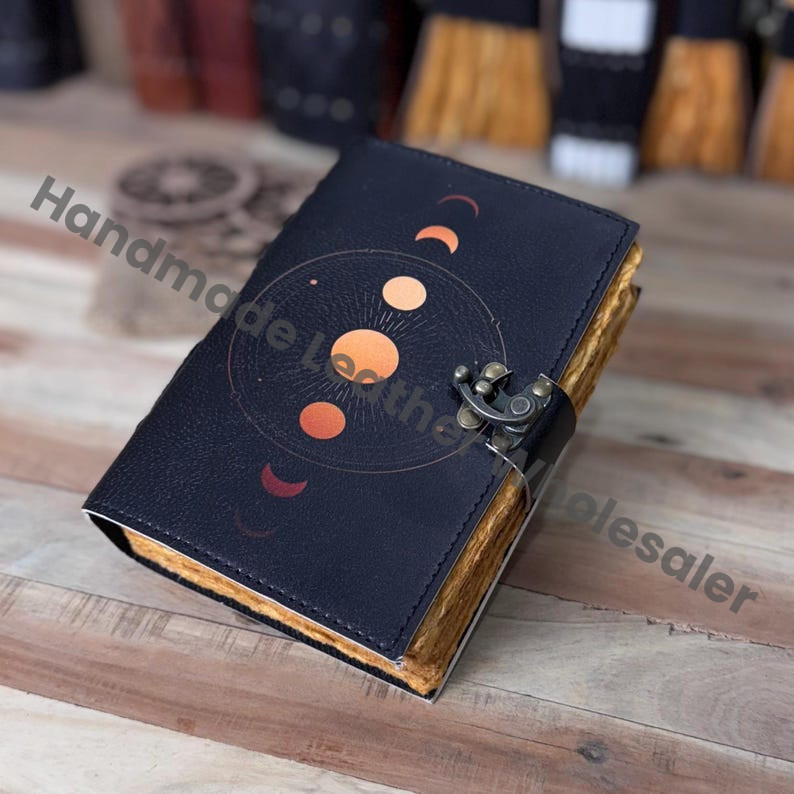 Moon Phase Leather Journal: Vintage Deckle Edge Paper Sketchbook