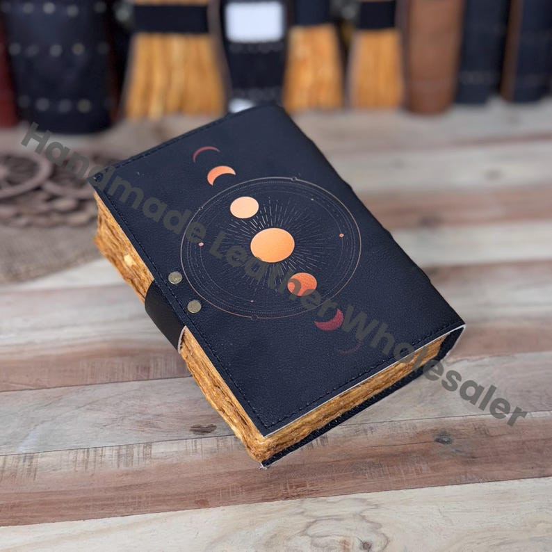 Moon Phase Leather Journal: Vintage Deckle Edge Paper Sketchbook