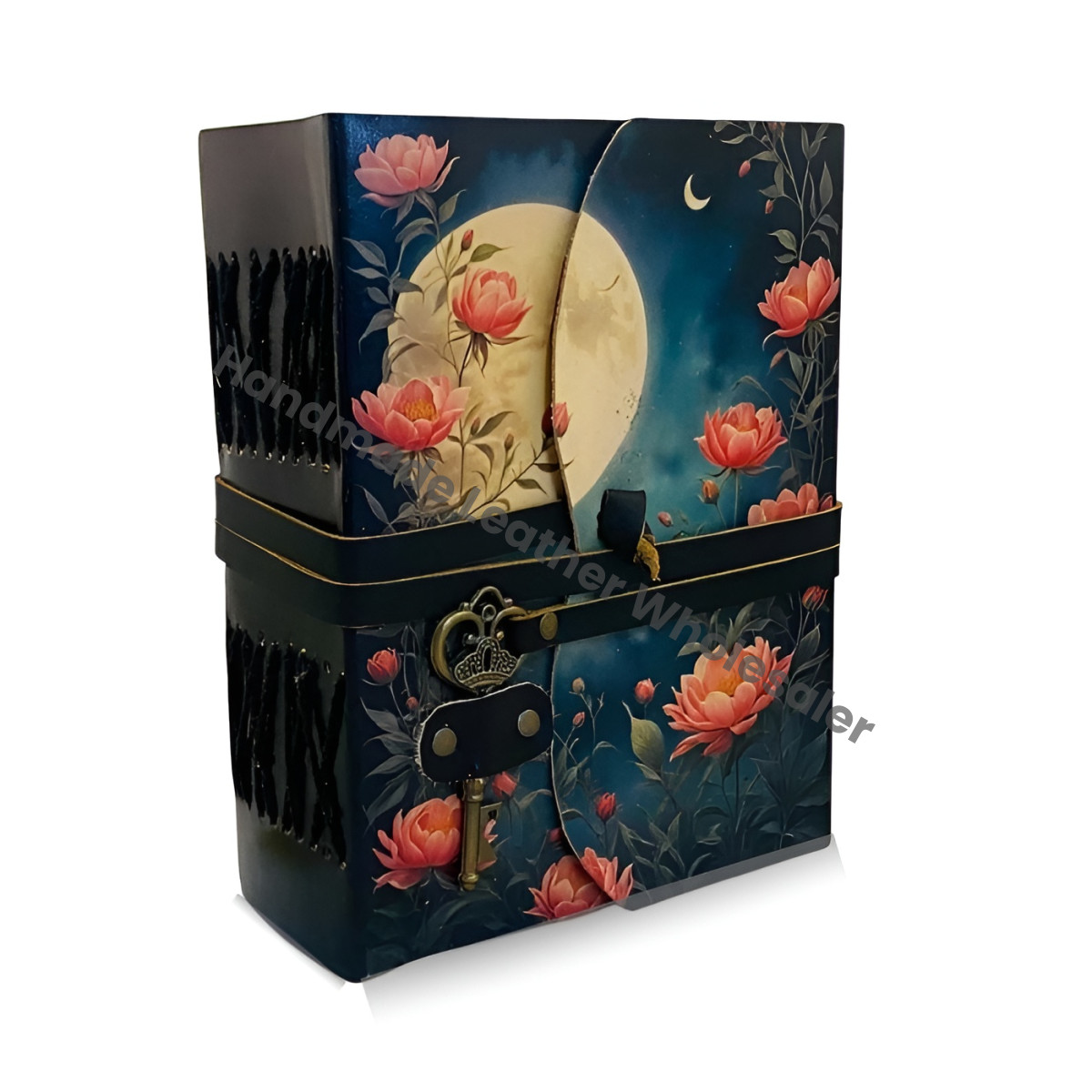 Moon Phase Leather Journal with Key Handmade Floral Moon Deckle Paper Notebook