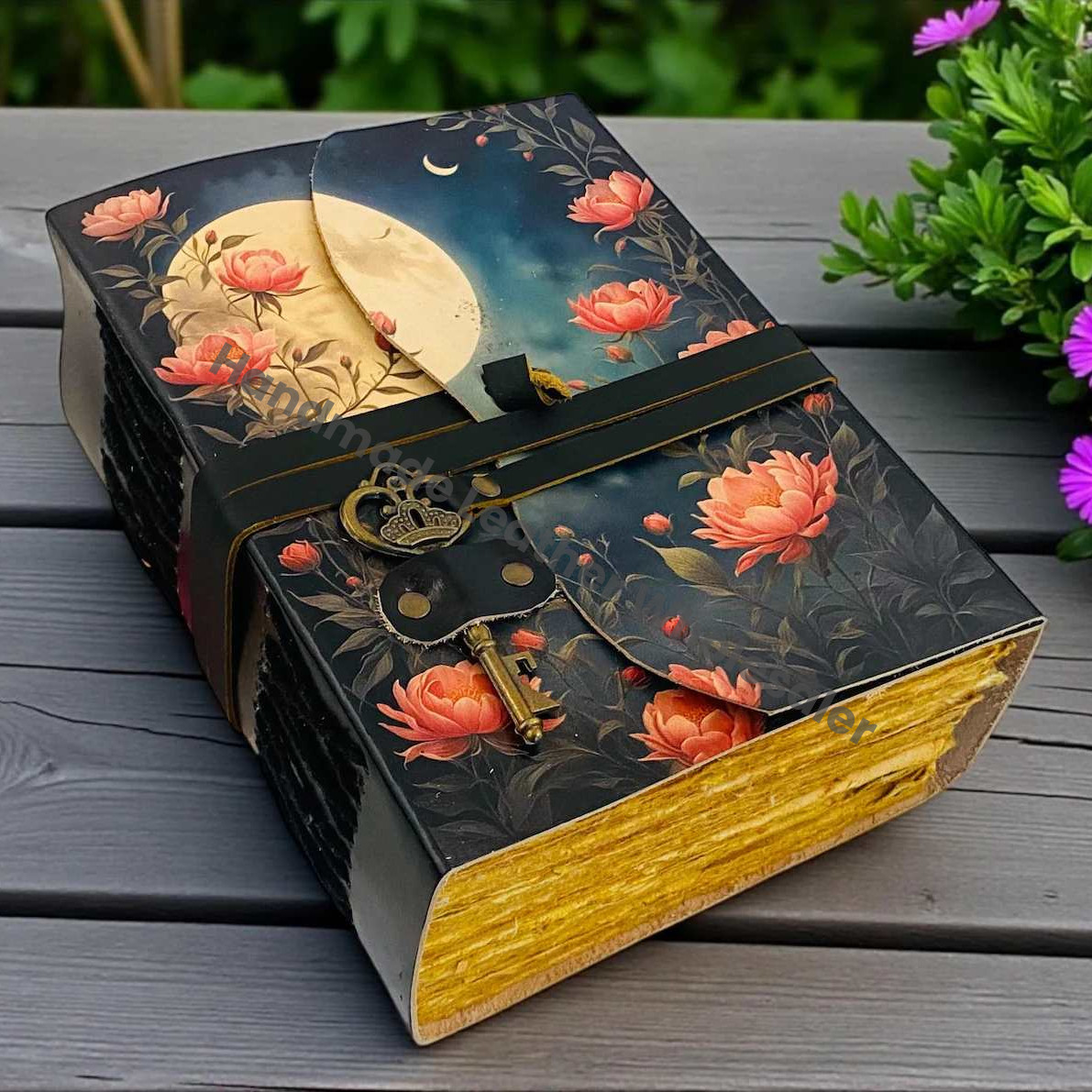 Moon Phase Leather Journal with Key Handmade Floral Moon Deckle Paper Notebook