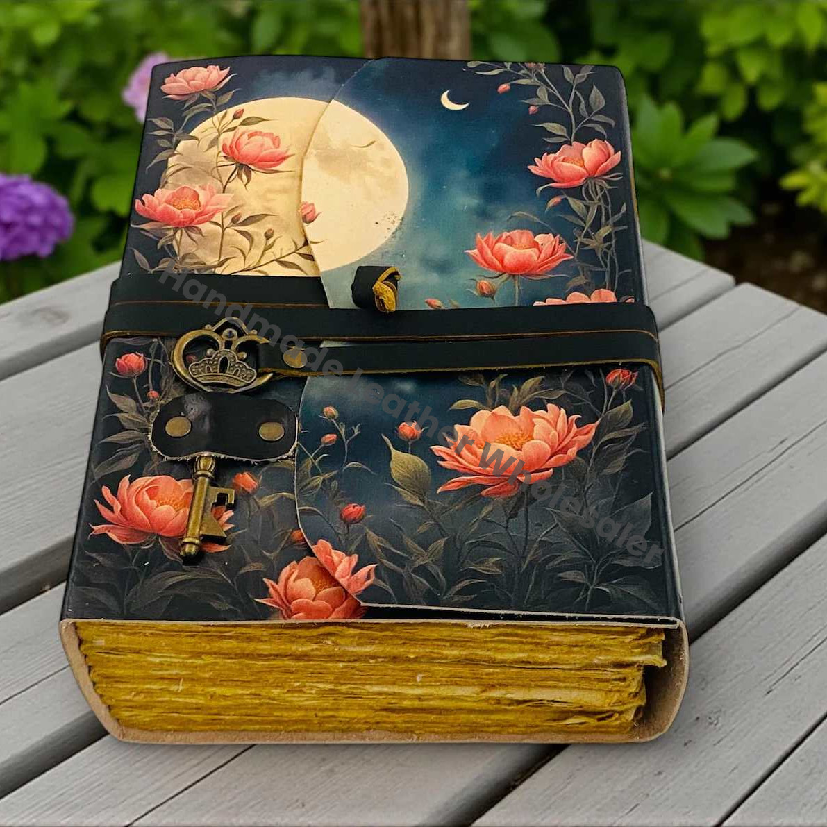 Moon Phase Leather Journal with Key Handmade Floral Moon Deckle Paper Notebook