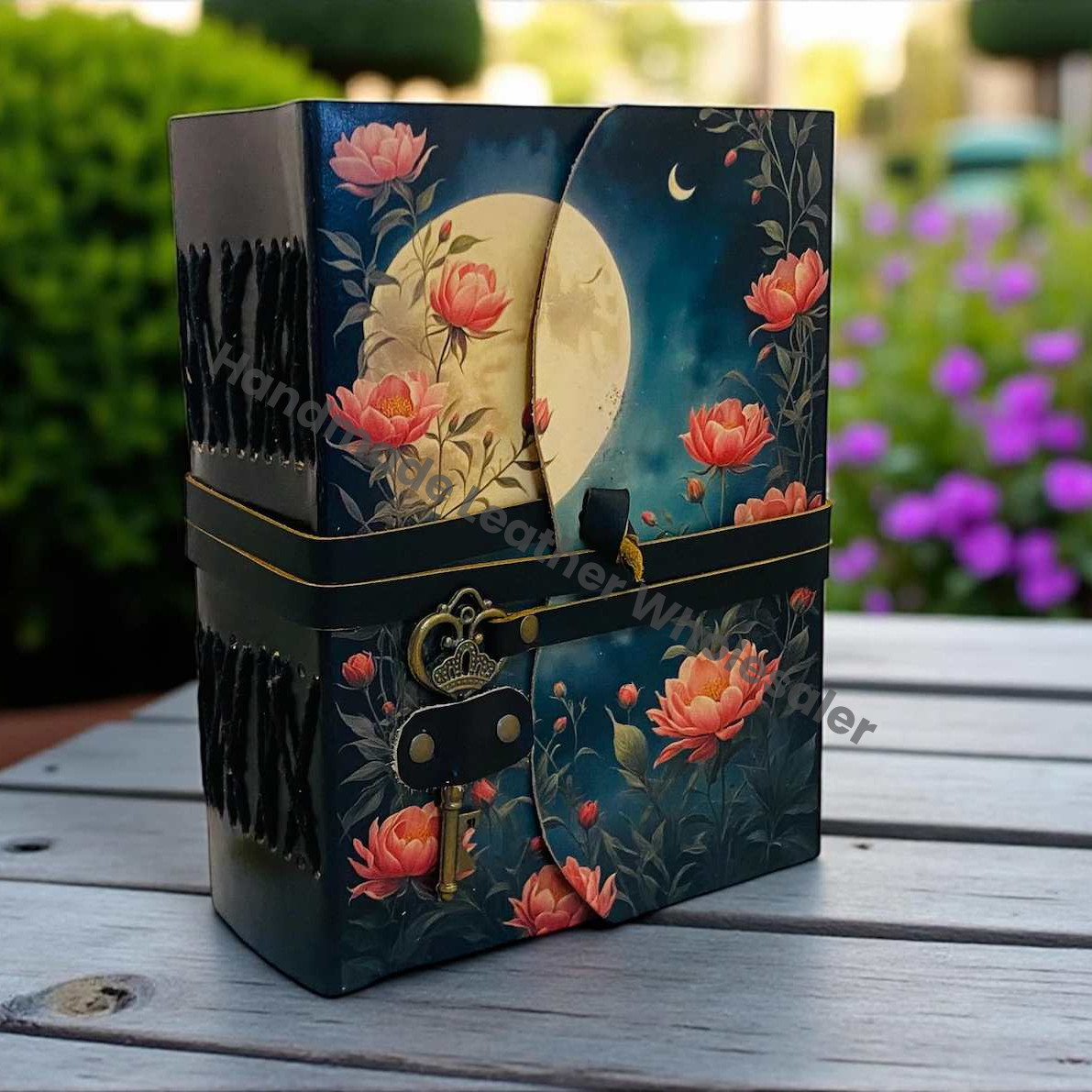 Moon Phase Leather Journal with Key Handmade Floral Moon Deckle Paper Notebook