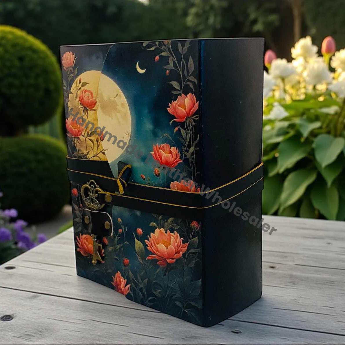 Moon Phase Leather Journal with Key Handmade Floral Moon Deckle Paper Notebook