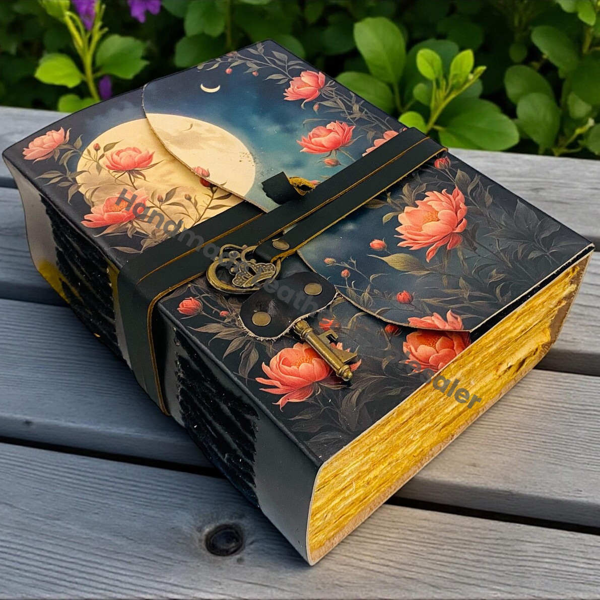 Moon Phase Leather Journal with Key Handmade Floral Moon Deckle Paper Notebook