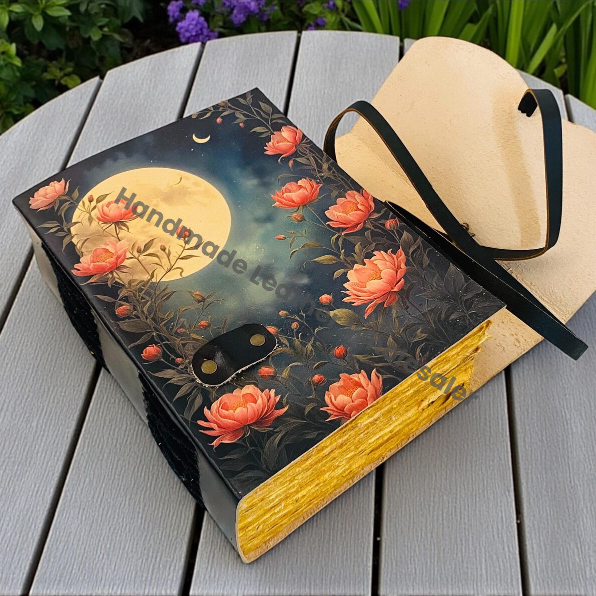 Moon Phase Leather Journal with Key Handmade Floral Moon Deckle Paper Notebook