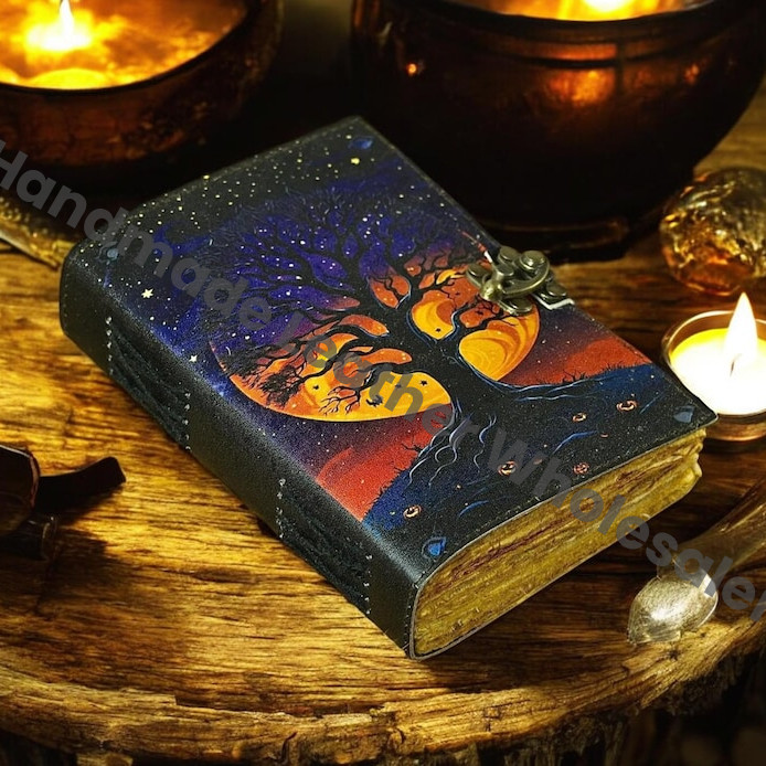 Moon Tree Leather Grimoire | Witchcraft Spellbook & Book of Shadows | Wiccan Pagan Journal | Gothic Occult Diary | Witchy Gift