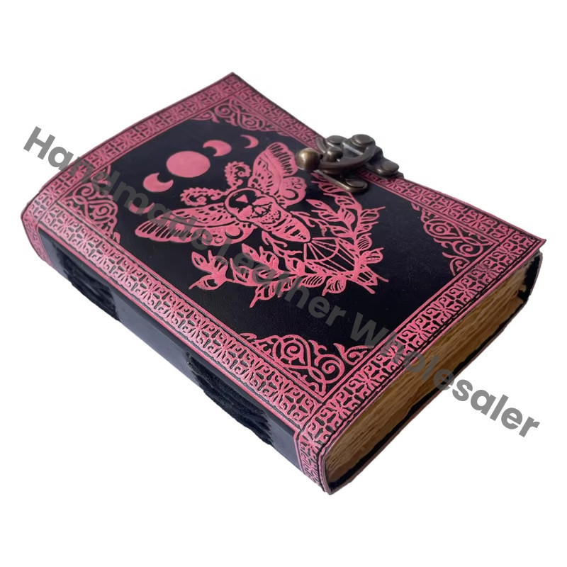 Moth Leather Antique Book of Spell Charmed Sun Moon Handmade Deckle Edge Paper Embossed Pink Black Vintage Sketchbook Planner