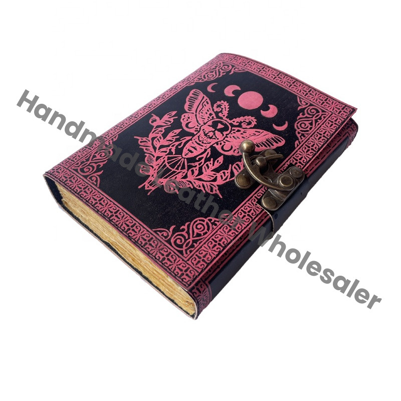 Moth Leather Antique Book of Spell Charmed Sun Moon Handmade Deckle Edge Paper Embossed Pink Black Vintage Sketchbook Planner