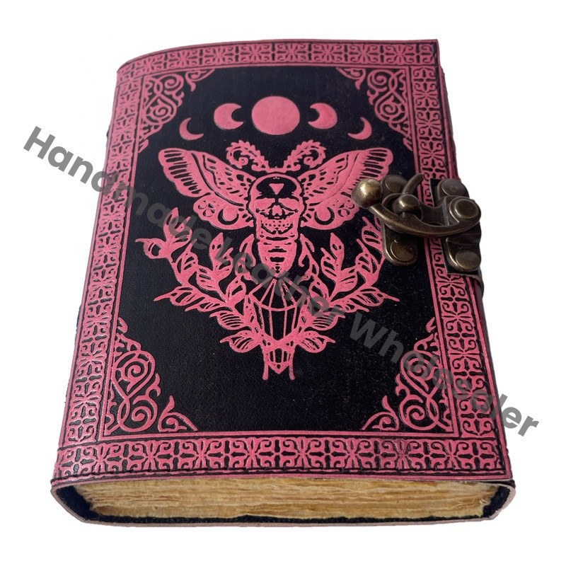 Moth Leather Antique Book of Spell Charmed Sun Moon Handmade Deckle Edge Paper Embossed Pink Black Vintage Sketchbook Planner