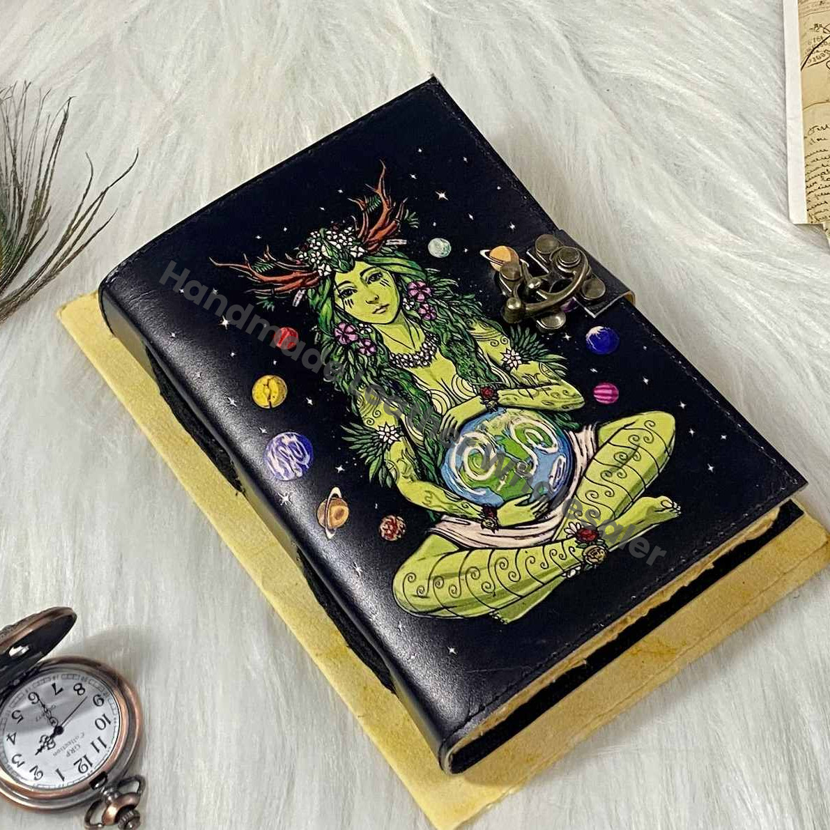 Mother Earth Leather Journal: Handmade Spell Book with Lock & Deckle Edge Paper