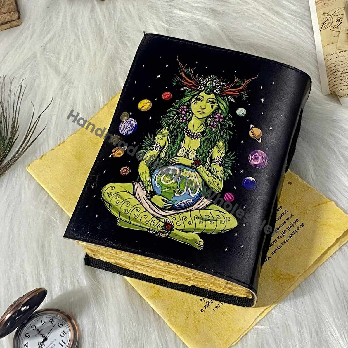 Mother Earth Leather Journal: Handmade Spell Book with Lock & Deckle Edge Paper