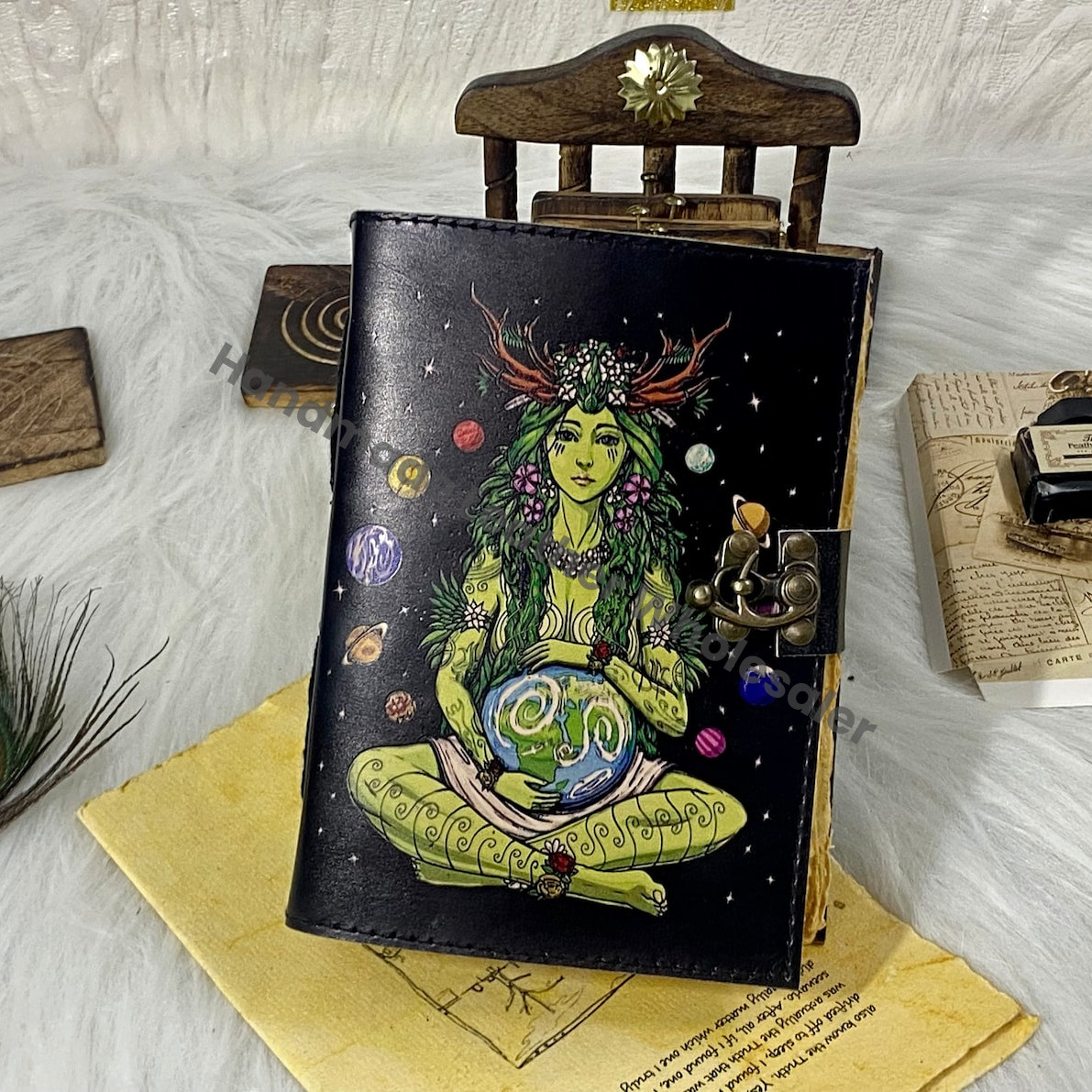 Mother Earth Leather Journal: Handmade Spell Book with Lock & Deckle Edge Paper
