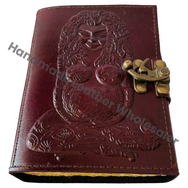 Mother Earth Vintage Leather Address Book Celtic Wiccan Writing Prop Brown Handmade Embossed Deckle Edge Eco-friendly Paper Gift