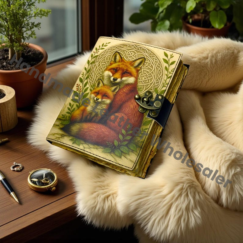 Mother Fox Leather Grimoire – Vintage Book of Shadows, 400 Pages Handmade Witchcraft Spellbook, Wiccan Pagan Gothic Witchy Magic Diary Gift
