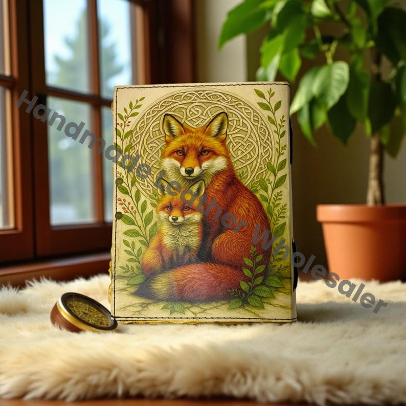 Mother Fox Leather Grimoire – Vintage Book of Shadows, 400 Pages Handmade Witchcraft Spellbook, Wiccan Pagan Gothic Witchy Magic Diary Gift