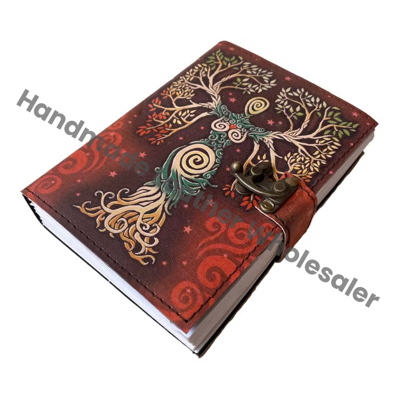 Mother of Earth Leather Journal Retro Collage Design Man Tree of Life Handmade Cotton Vintage Paper Notebook Sketchbook Planner