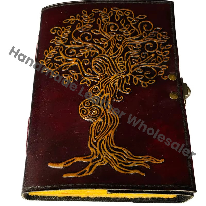 Mother Tree Pregnant Women Gift Hardcover Recycled Leather Notebook with Owl Design Vintage Decor Yellow Brown Deckle Pages
