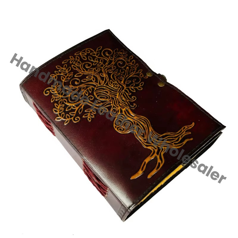 Mother Tree Pregnant Women Gift Hardcover Recycled Leather Notebook with Owl Design Vintage Decor Yellow Brown Deckle Pages