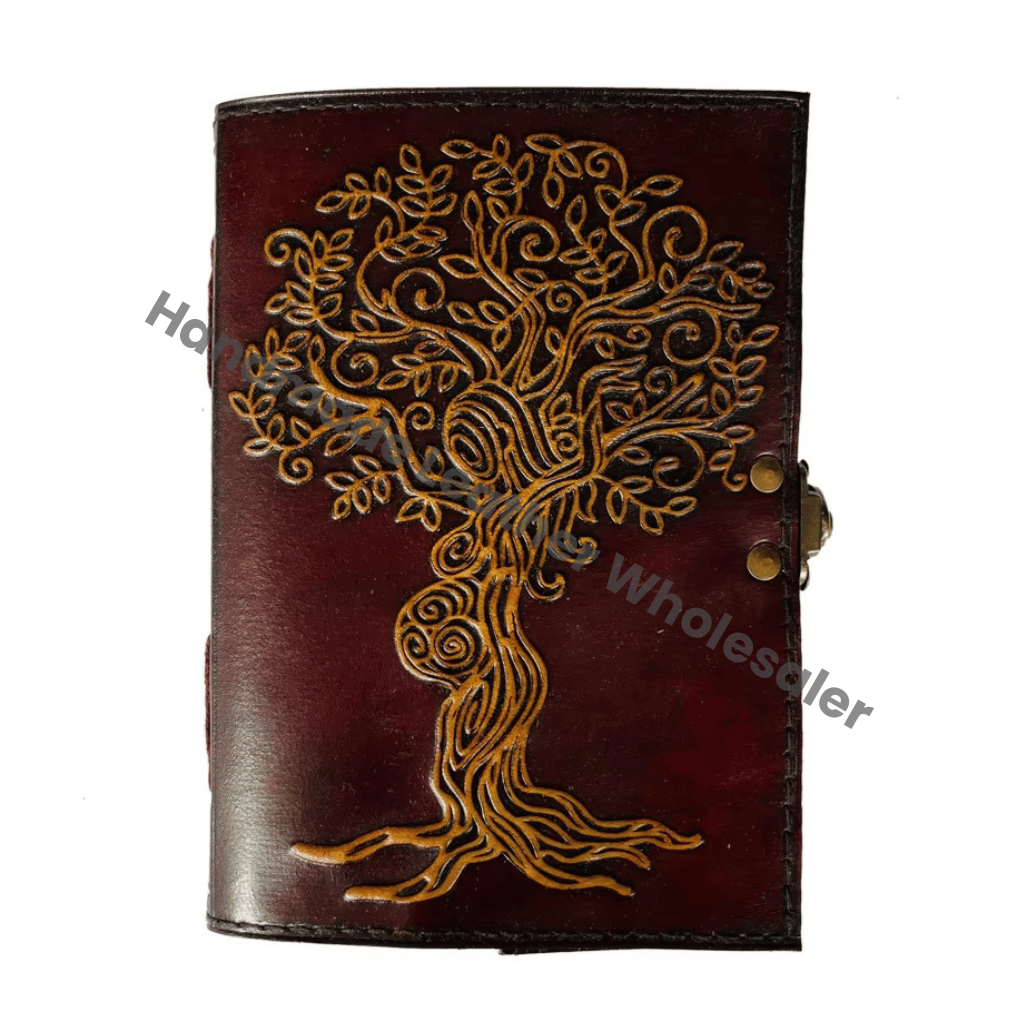 Mother Tree Pregnant Women Gift Hardcover Recycled Leather Notebook with Owl Design Vintage Decor Yellow Brown Deckle Pages