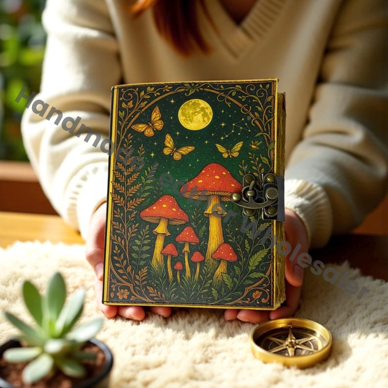 Mushroom Leather Grimoire – Vintage Book of Shadows, Witchcraft Spellbook, Wiccan Pagan Gothic Witchy Magic Journal Gift, DnD