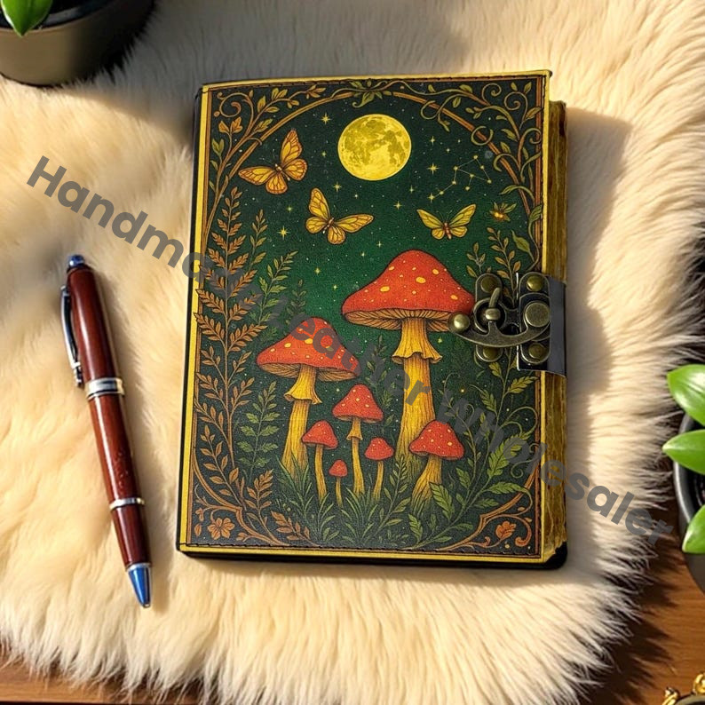 Mushroom Leather Grimoire – Vintage Book of Shadows, Witchcraft Spellbook, Wiccan Pagan Gothic Witchy Magic Journal Gift, DnD