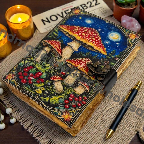 Mushroom Leather Grimoire – Wiccan Pagan Journal Blank Spell Book of Shadows -Vintage Deckle Edge Paper