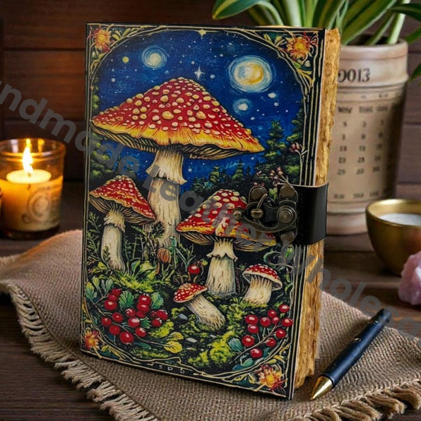 Mushroom Leather Grimoire – Wiccan Pagan Journal Blank Spell Book of Shadows -Vintage Deckle Edge Paper