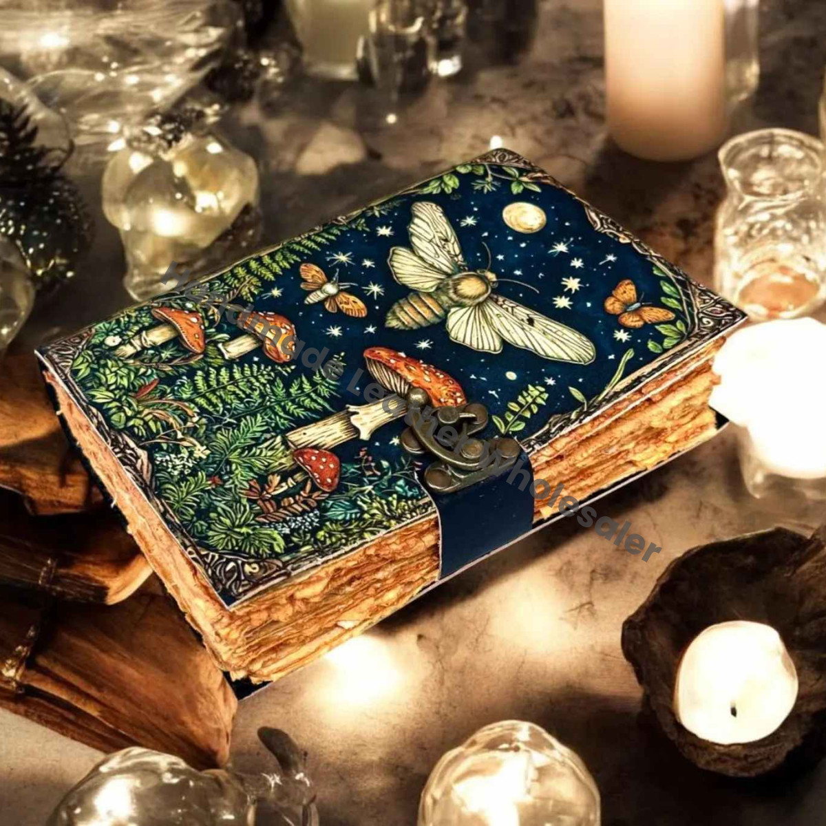 Mushroom Leather Journal, Antique Deckle Edge Paper, Wiccan Spell Book