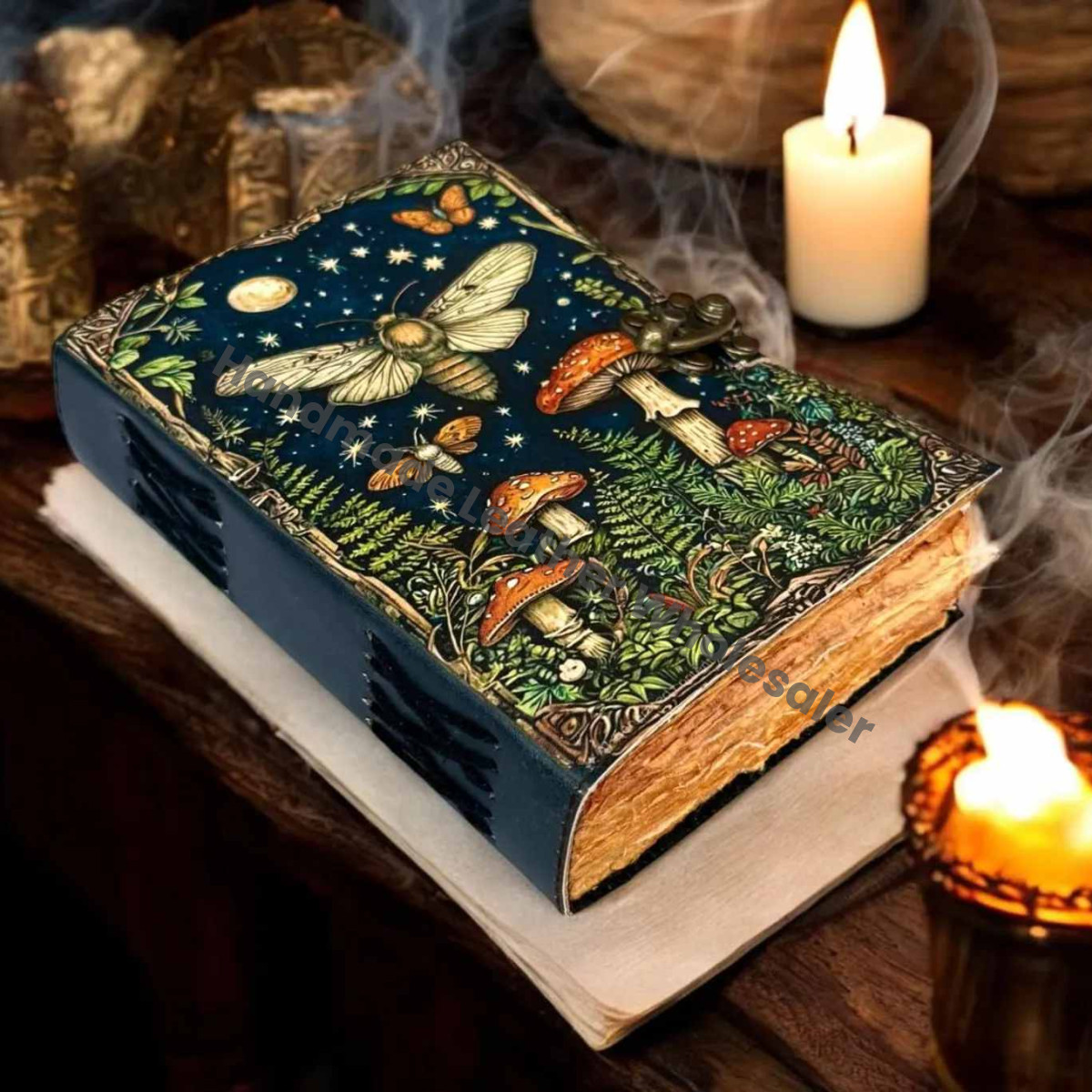 Mushroom Leather Journal, Antique Deckle Edge Paper, Wiccan Spell Book