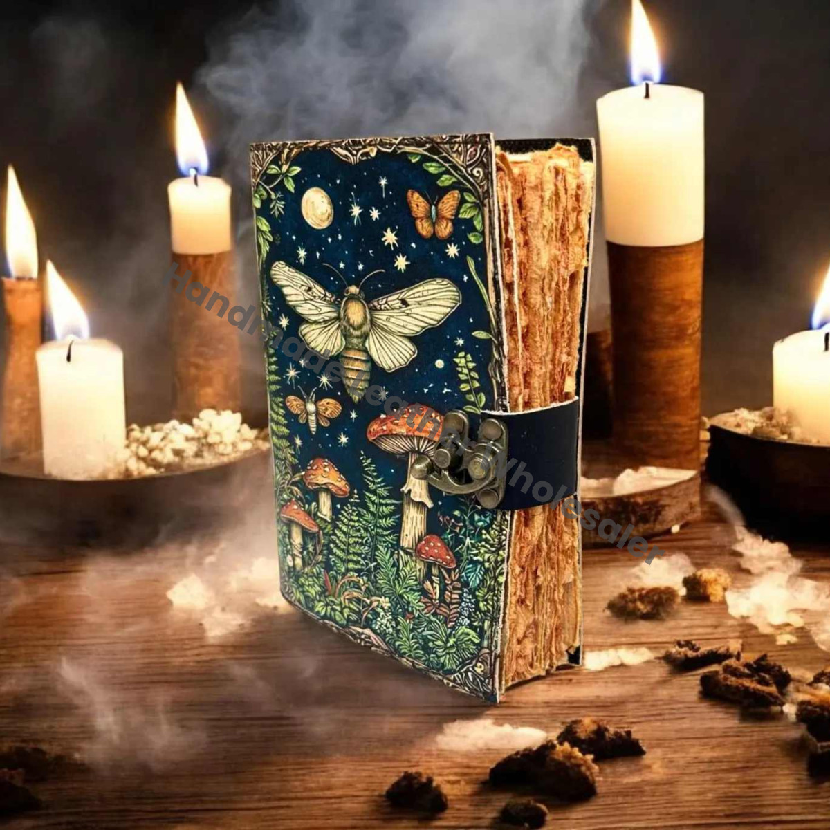 Mushroom Leather Journal, Antique Deckle Edge Paper, Wiccan Spell Book