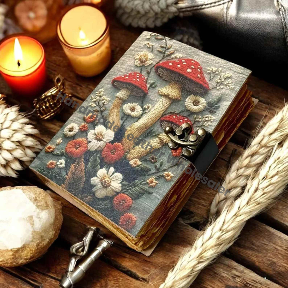 Mushroom Leather Journal | Vintage Moon Forest Grimoire Handmade Book of Shadows, Spell book Wiccan Pagan Gothic Magic Diary