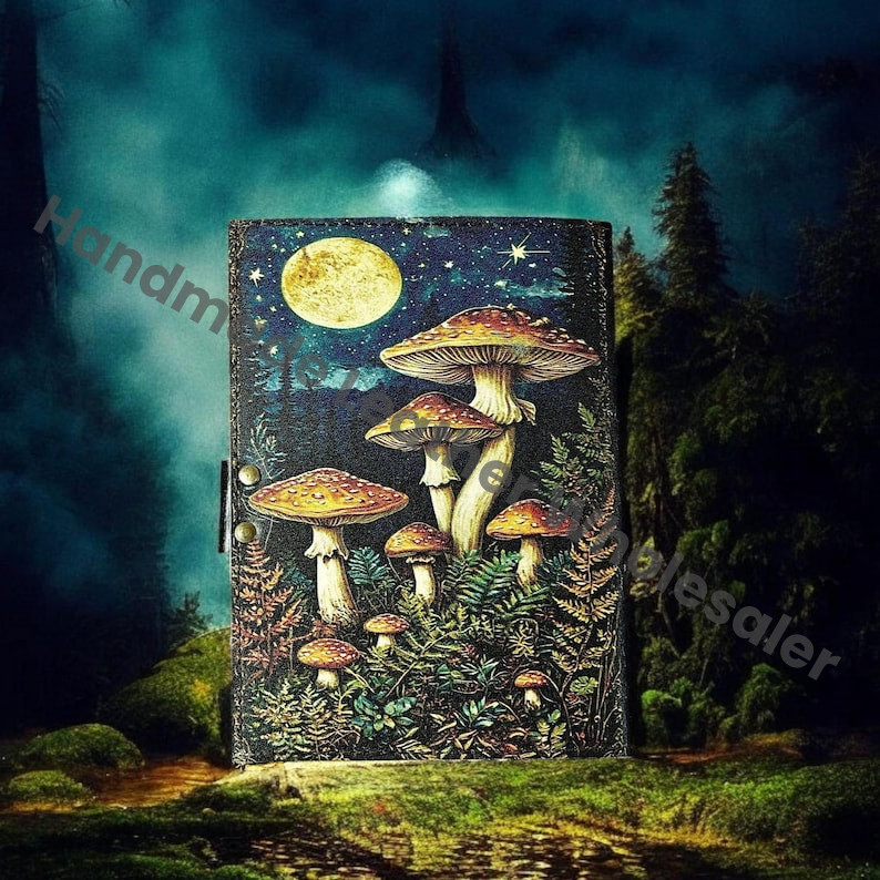 Mushroom Leather Vintage Moon Forest Grimoire Handmade Book of Shadows, Spell book Wiccan Pagan Gothic Magic Diary Gifts |