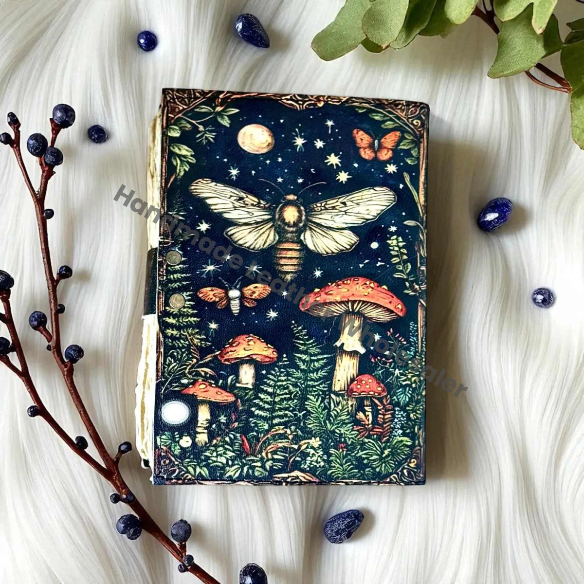 Mushroom & Moth Leather Grimoire Book of Shadows – Handmade Witchcraft Spellbook | Celestial Wiccan Pagan Gothic Occult Diary Gift