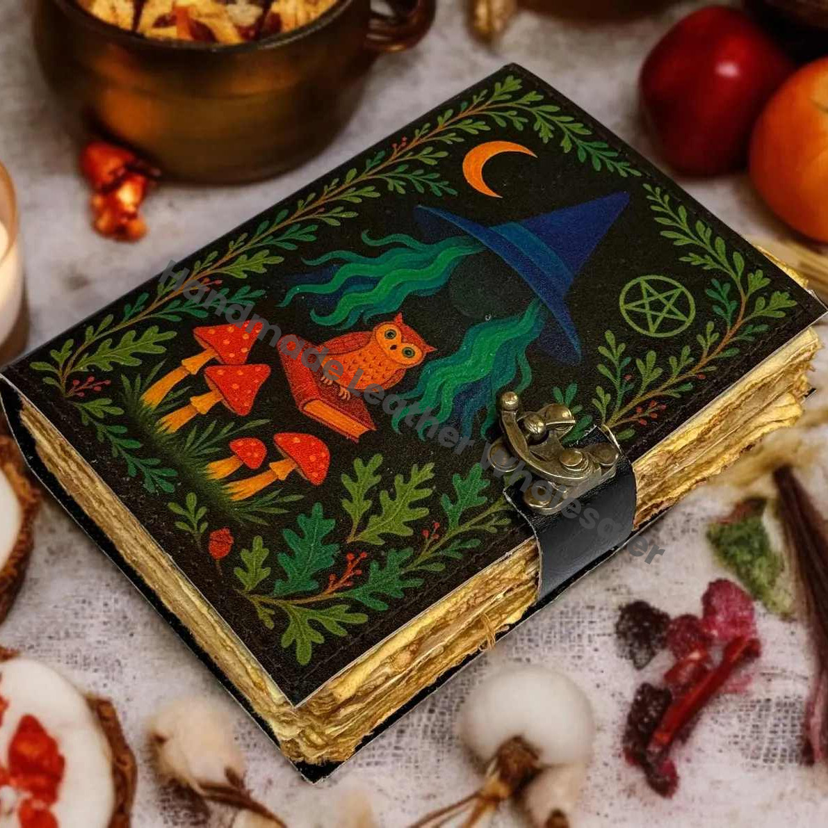 Mushroom Owl Leather Journal: Antique Deckle Edge Paper, Spell Book