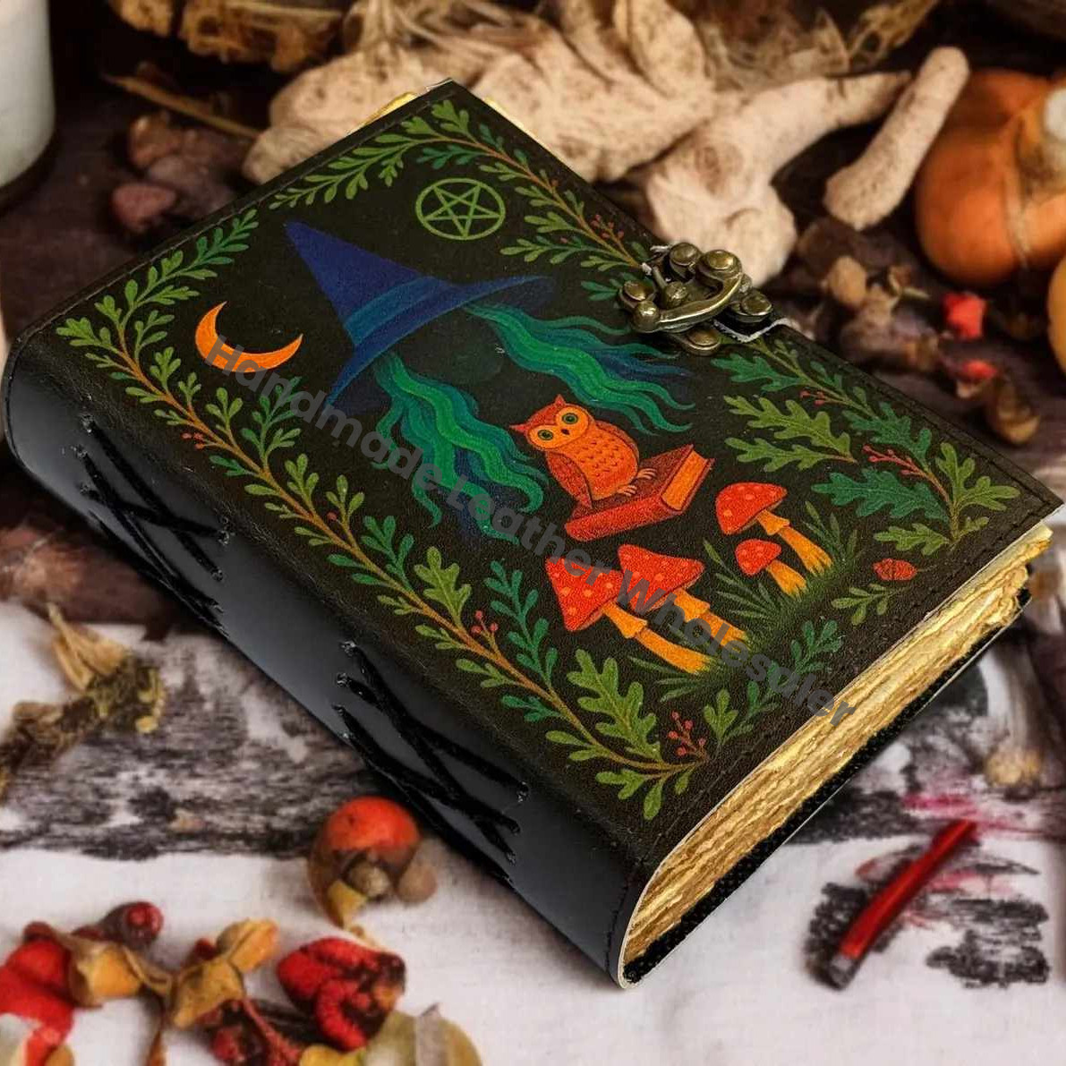 Mushroom Owl Leather Journal: Antique Deckle Edge Paper, Spell Book