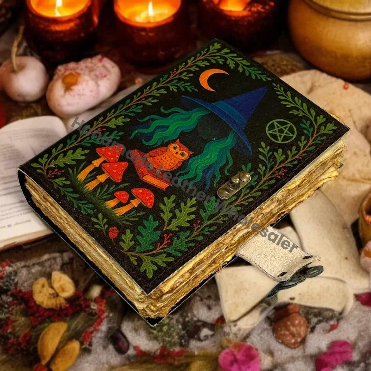 Mushroom Owl Leather Journal: Antique Deckle Edge Paper, Spell Book