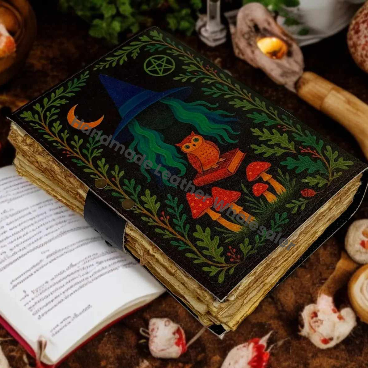 Mushroom Owl Leather Journal: Antique Deckle Edge Paper, Spell Book