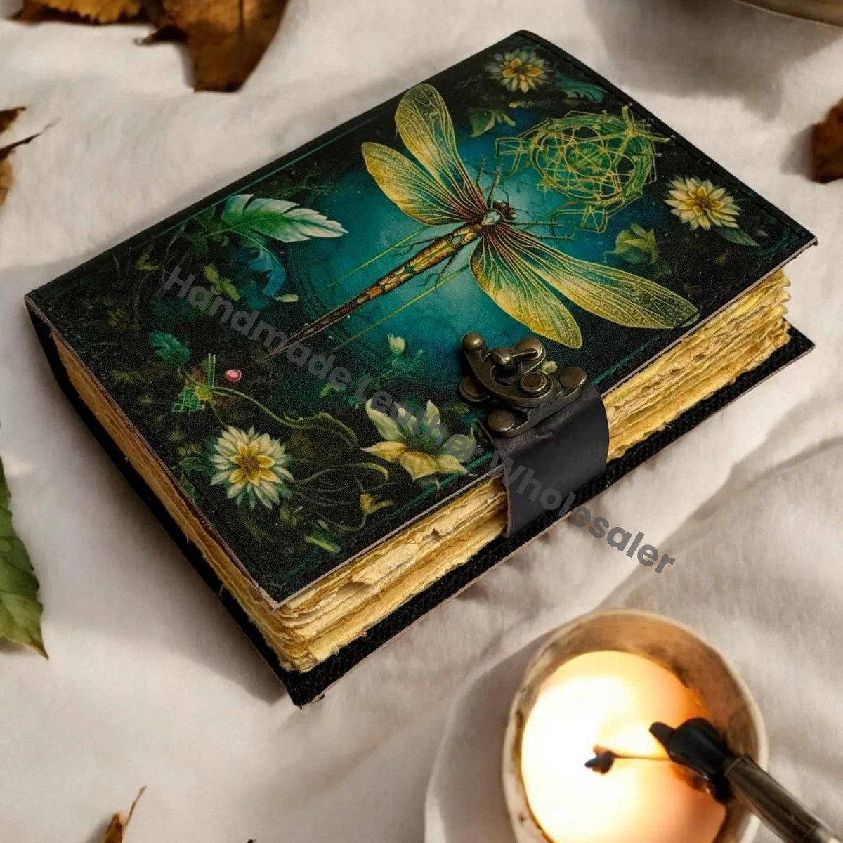 Mystic Dragonfly Leather Journal – Vintage Handmade Paper Diary, Nature Art Notebook, Gift for Writers & Artists”