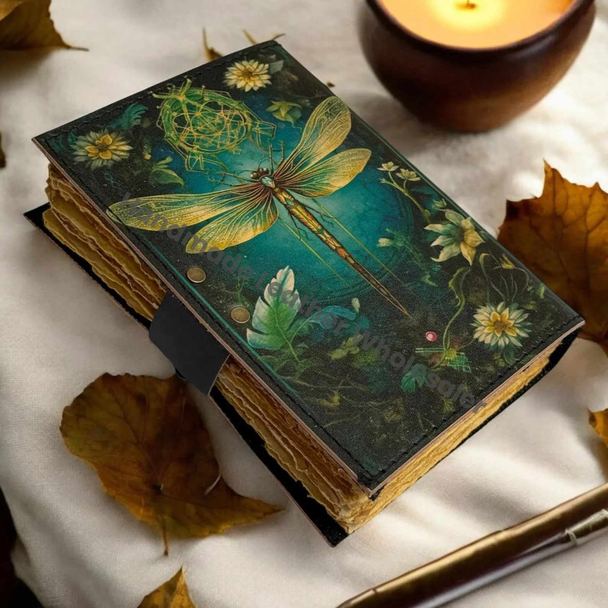 Mystic Dragonfly Leather Journal – Vintage Handmade Paper Diary, Nature Art Notebook, Gift for Writers & Artists”