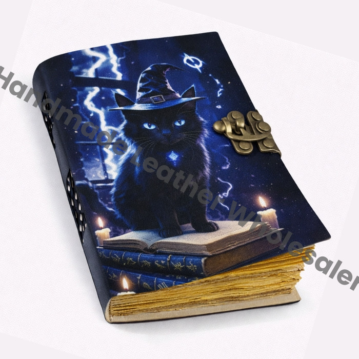 Mystical Black Cat Witch Journal – Leather Notebook with Lock, Vintage Spellbook Grimoire, Witchy Writing Journal for Magic, Dreams.