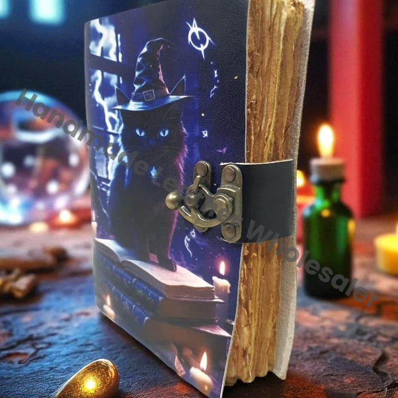 Mystical Black Cat Witch Journal – Leather Notebook with Lock, Vintage Spellbook Grimoire, Witchy Writing Journal for Magic, Dreams.