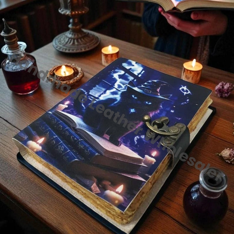 Mystical Black Cat Witch Journal – Leather Notebook with Lock, Vintage Spellbook Grimoire, Witchy Writing Journal for Magic, Dreams.