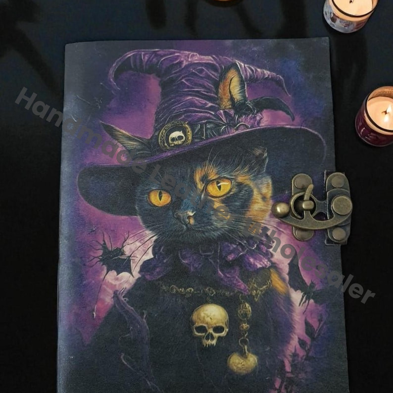 Mystical Black Cat Witch Leather Journal – Vintage Deckle Edge Paper, Locking Spell Book of Shadows, Halloween Gift for Witches.