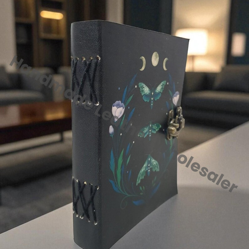 Mystical Luna Moth Leather Journal with Triple Moon Phase and Floral Design • Handmade Witchy Notebook with Lock • Book of Shadows.