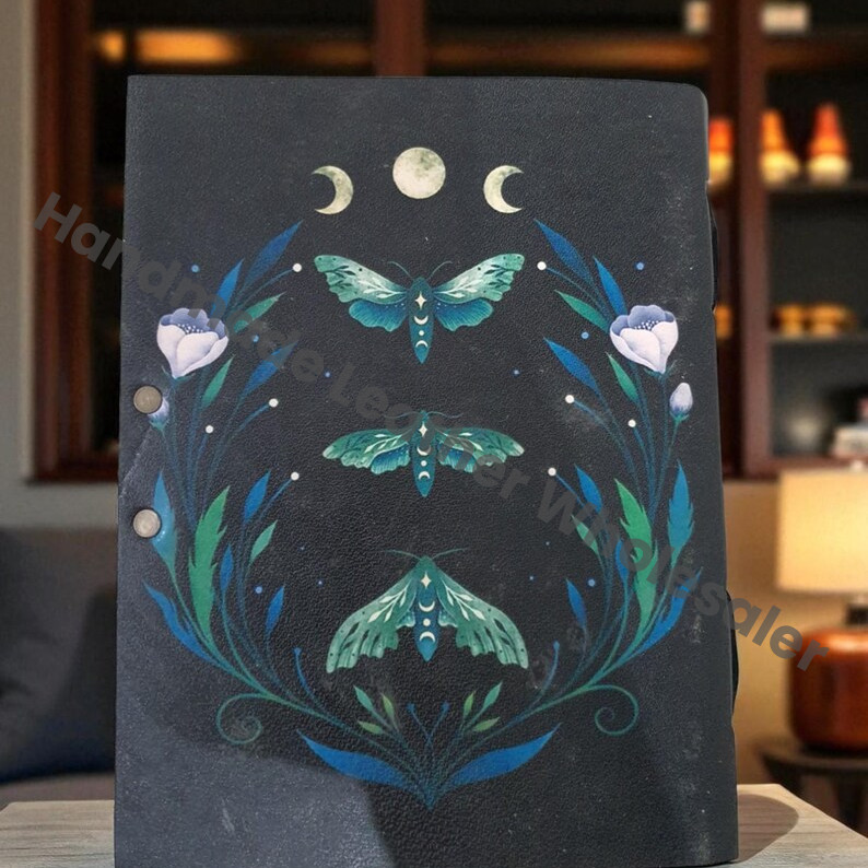 Mystical Luna Moth Leather Journal with Triple Moon Phase and Floral Design • Handmade Witchy Notebook with Lock • Book of Shadows.