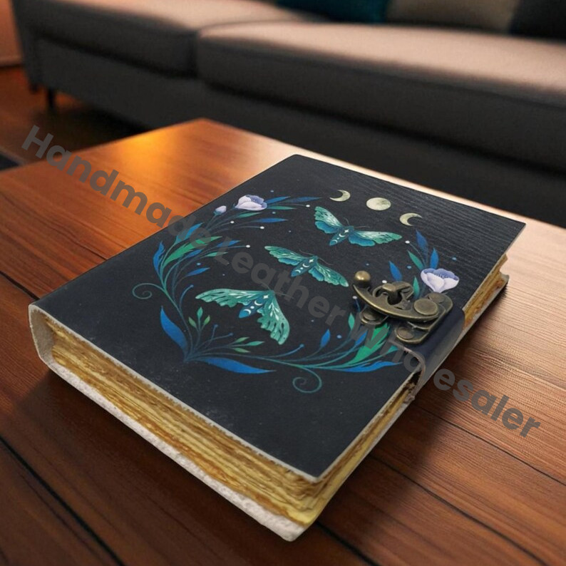 Mystical Luna Moth Leather Journal with Triple Moon Phase and Floral Design • Handmade Witchy Notebook with Lock • Book of Shadows.