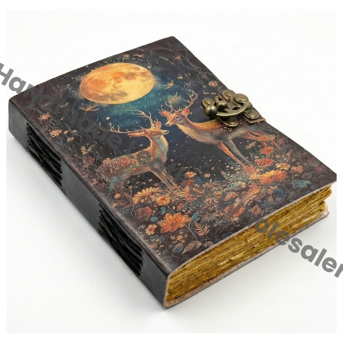 Mystical Moon Deer Leather Grimoire Journal | Handmade Vintage Notebook | Witchcraft Book of Shadows