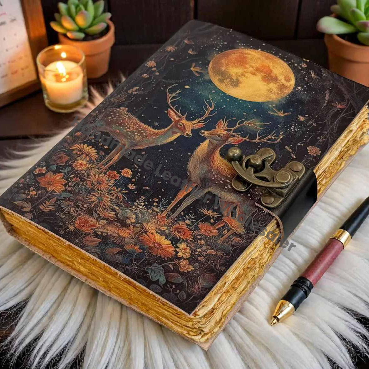 Mystical Moon Deer Leather Grimoire Journal | Handmade Vintage Notebook | Witchcraft Book of Shadows
