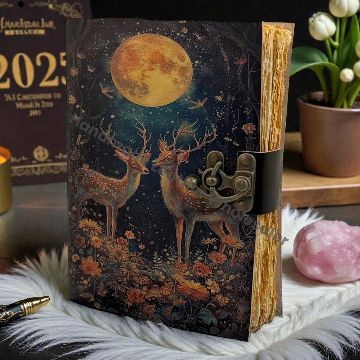 Mystical Moon Deer Leather Grimoire Journal | Handmade Vintage Notebook | Witchcraft Book of Shadows