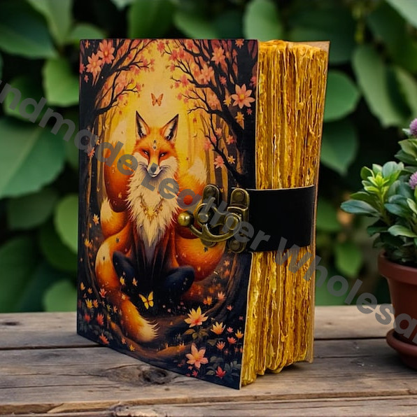 Nine-Tailed Fox Leather Grimoire Journal – Handmade blank Spell Book with Lock